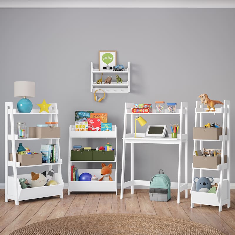 RiverRidge Kids 4-Tier 13in Ladder Shelf Toy Organizer and Book Storage with 3 Open Display Shelf - White