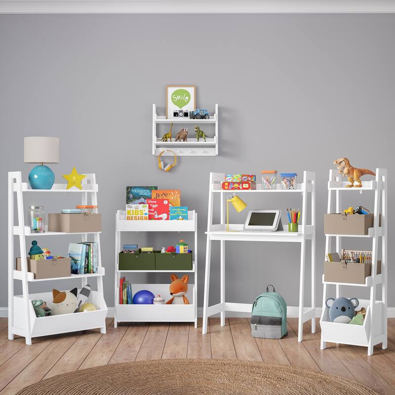 RiverRidge Kids 4-Tier 13in Ladder Shelf Toy Organizer with 3 Open Display Shelves - White with Two 5" Fabric Bins