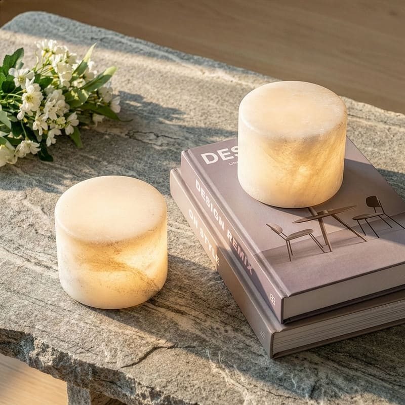 Brightech Rhea 2.3 in. LED Marbled Natural White Alabaster Stone Modern Industrial Battery Powered Bedside Nightstand Desk Lamp