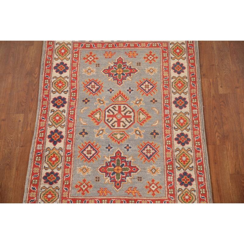 Geometric Kazak Accent Rug Hand-Knotted Grey Wool Carpet - 2'8"x 4'2"