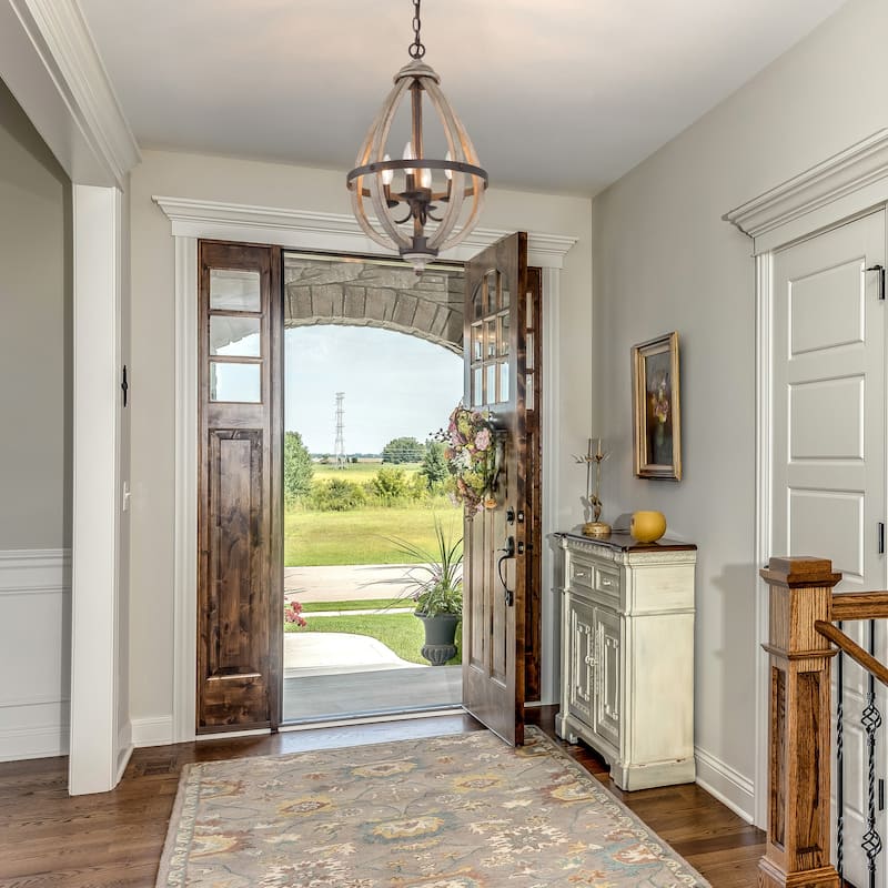 Clovy Farmhouse 4-Light Wood Lantern Chandelier for Kitchen Island Foyer Staircase
