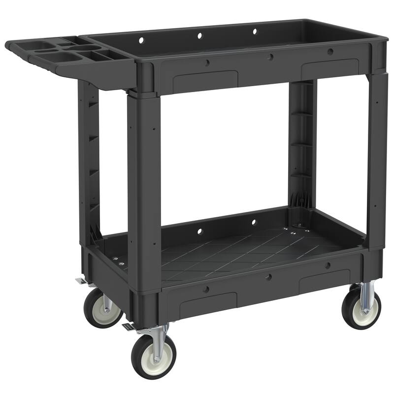 Heavy Duty Plastic Utility Cart 2 Tier Locking Rolling Cart - Black