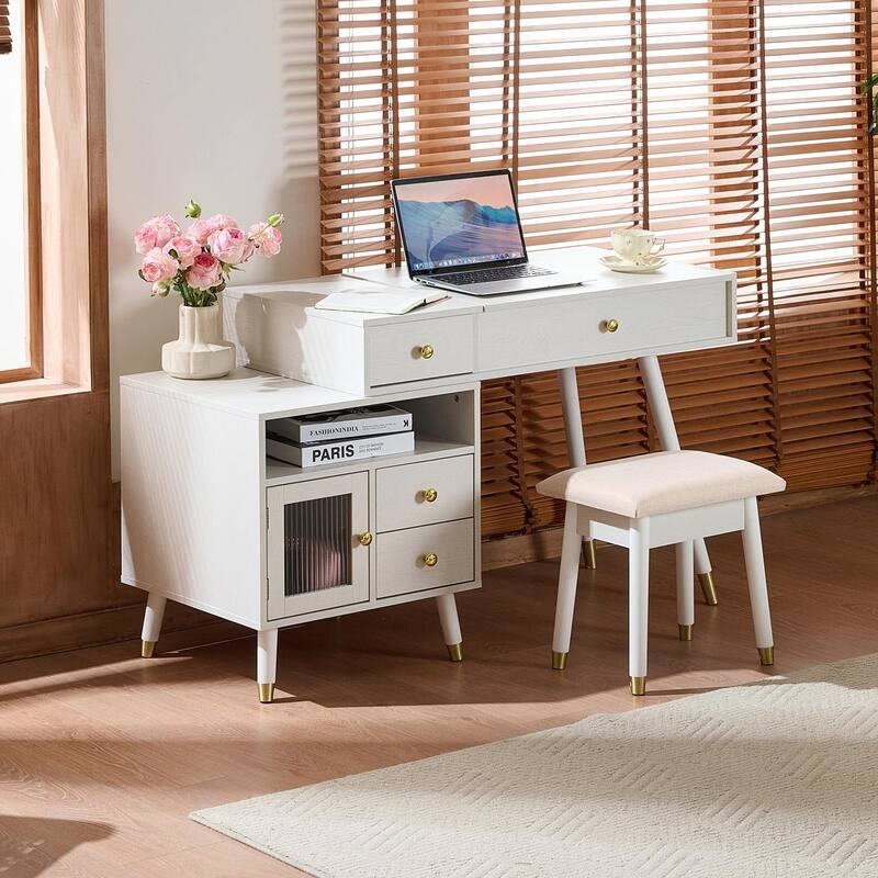 3-in-1 Vanity Desk with Lighted Flip-Top Mirror & Adjustable Cabinet