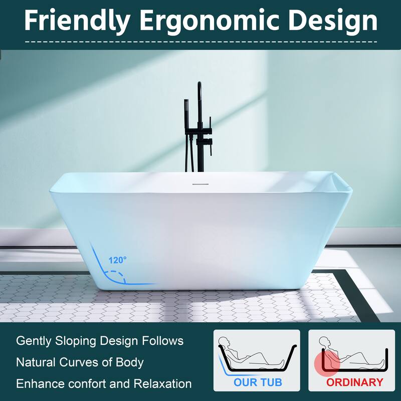 66'' W,78 GALLONS Freestanding Acrylic Soaking Bathtub With Drain And Overflow Holes