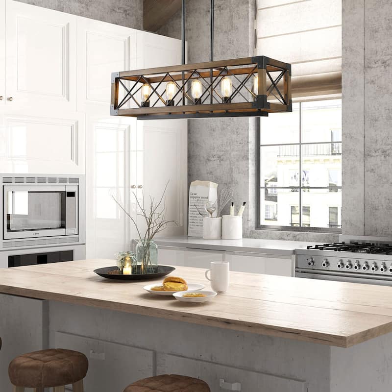 Farmhouse 5-Light Rectangle Wood Chandelier Kitchen Island Lights - L31.5"xW10"xH10"