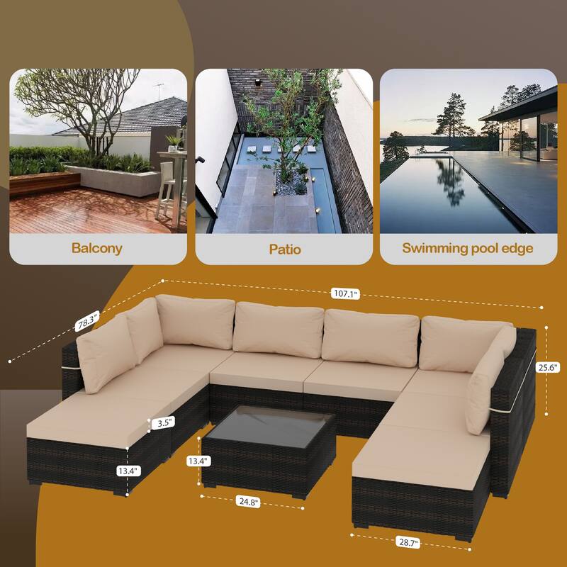 UPHA 9 Pieces Patio Furniture Set Outdoor Sectional Sofa Set, Rattan Wicker Conversation Set with Coffee Table and Ottomans