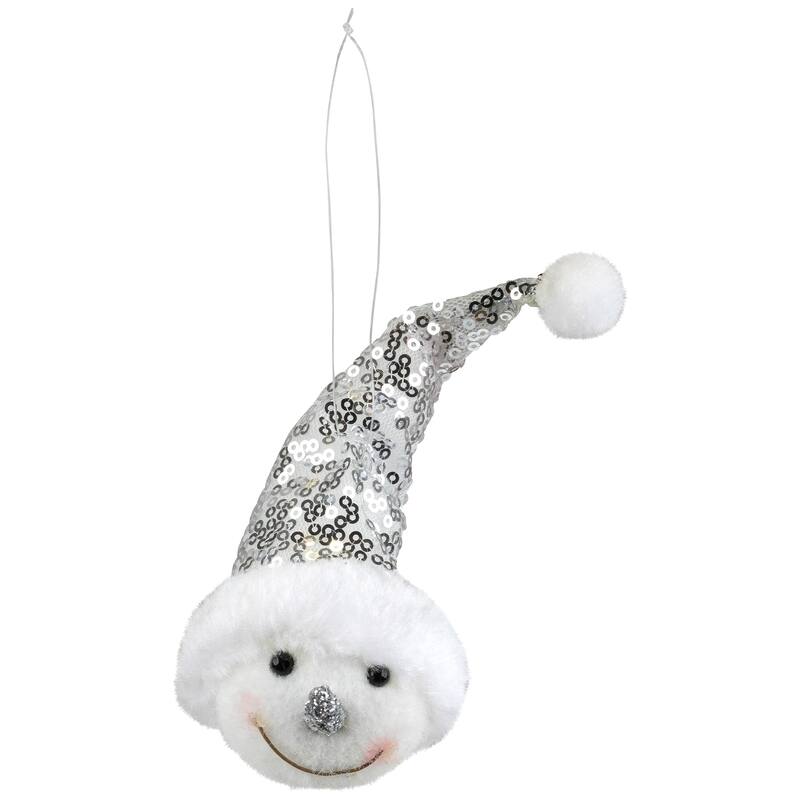 6" Smiling Snowman Head Wearing a Silver Sequin Santa Hat Ornament