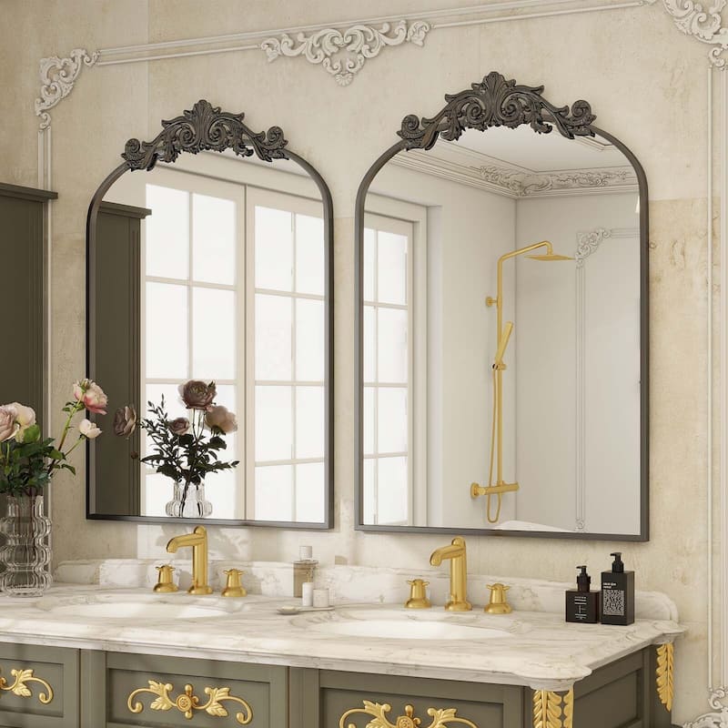 Metal Arch-top Bathroom Mirror with Baroque flower