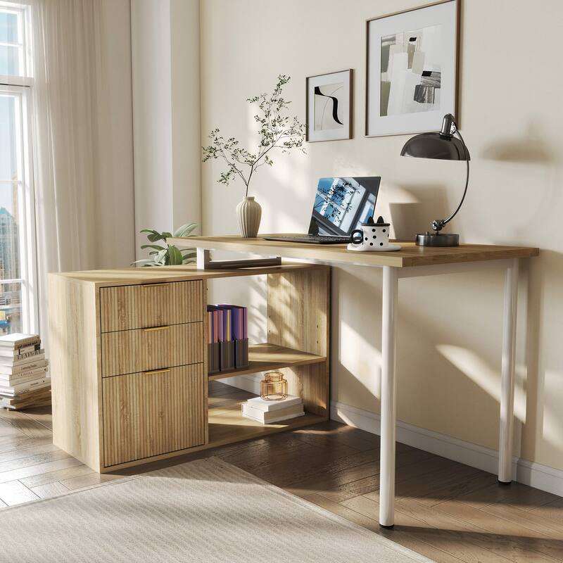 54W L Shaped Desk with Drawers and File Cabinet