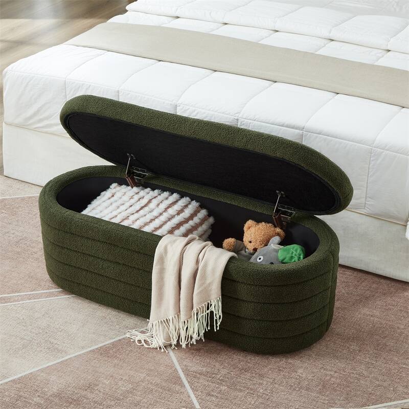 Oval Upholstered Storage Ottoman with Flip Design - Green