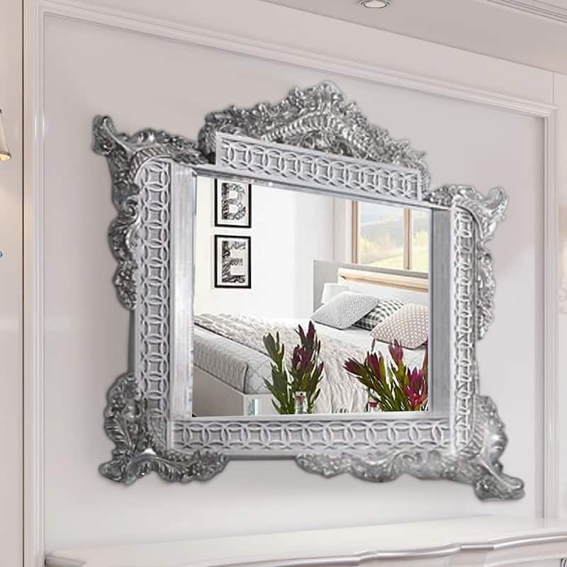 Vera 60 Inch Wall Mirror, Oversized Ornate Carved, Antique Gray, Light Gold - Grey