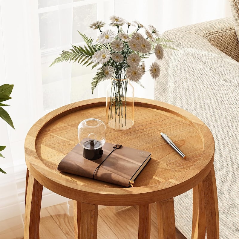 Solid Wood Round Side Table, Natural End Side Table for Living Room