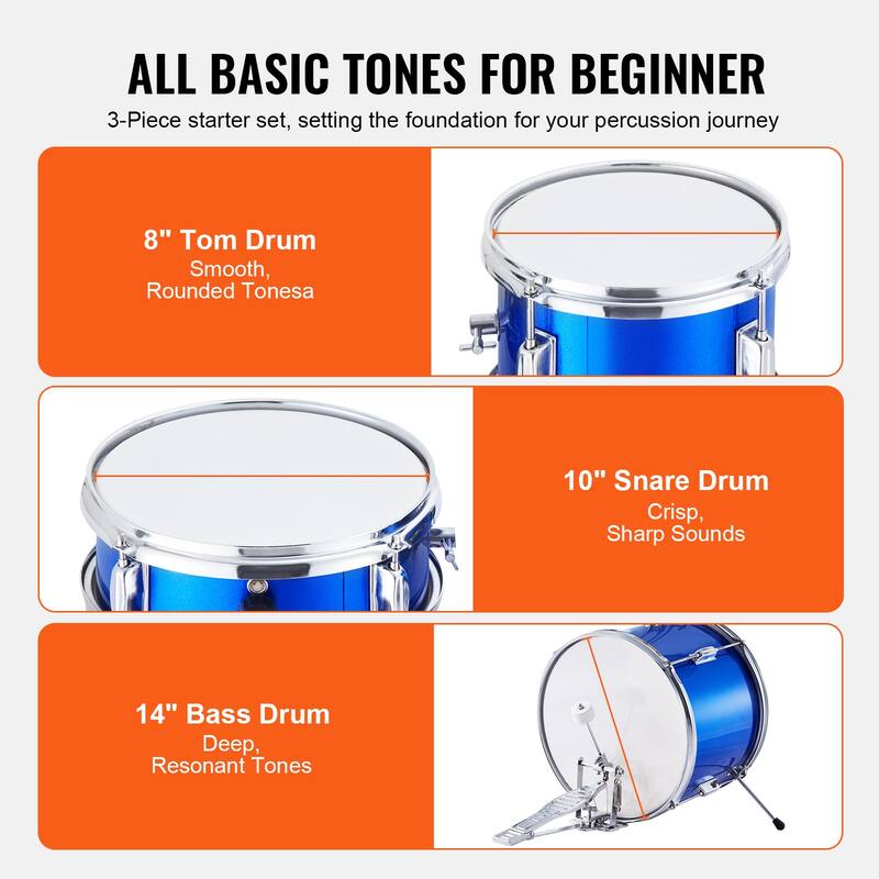 Kids Drum Set, 3-Piece, 14 in Beginner Drum Set with Adjustable Throne Cymbal Pedal Two Pairs of Drumsticks - 14 in