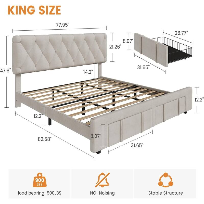 Upholstered Platform Bed Frame with Storage Drawers, No Box Spring Needed, Beige