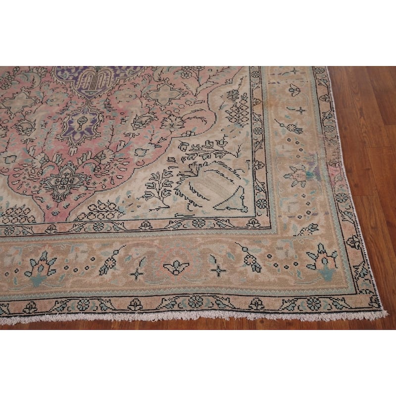 Pink Tabriz Vintage Persian Area Rug Handmade Wool Carpet - 6'9" x 9'3"