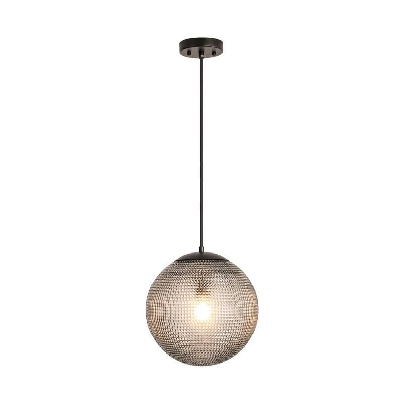 1-Light Modern Indoor Matte Black Finish Kitchen Island Pendant Lights with Globe Diamond Textured Grey/Clear Glass Shade