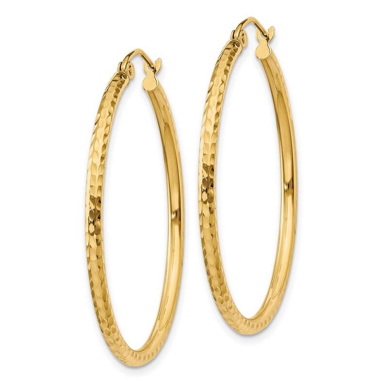 Curata 14k Yellow Gold Diamond-Cut 2x35mm Round Tube Hoop Earrings