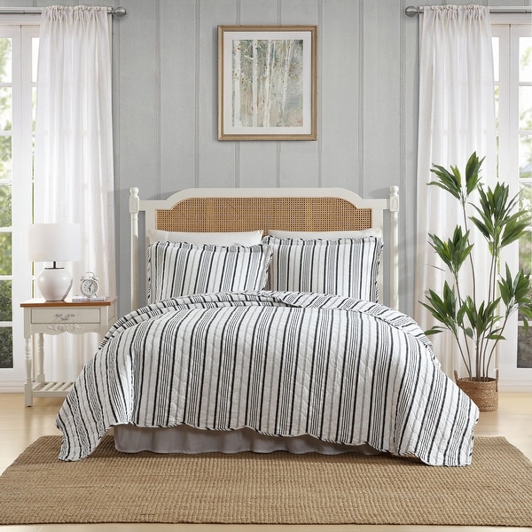 Laura Ashley Stripe Perfection Cotton Reversible Grey Quilt Set