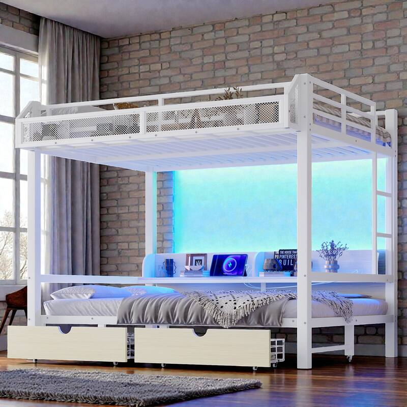 Metal Bunk Bed with Storage Shelves, Drawers, USB Ports, LED Lights & Convertible Lower Bed Sofa Design