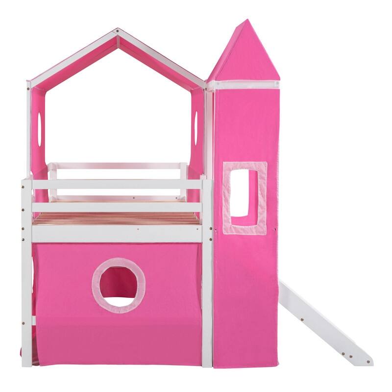 Impression Twin Size Playhouse Inspired Bunk Bed with Slide Pink Tent and Tower, Sturdy