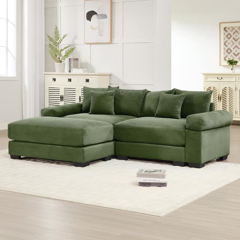 Roomfitters 82.6"/92" Modular L-Shape Sectional, Corduroy Cloud Couch with Ottoman & 6 Pillows - Green