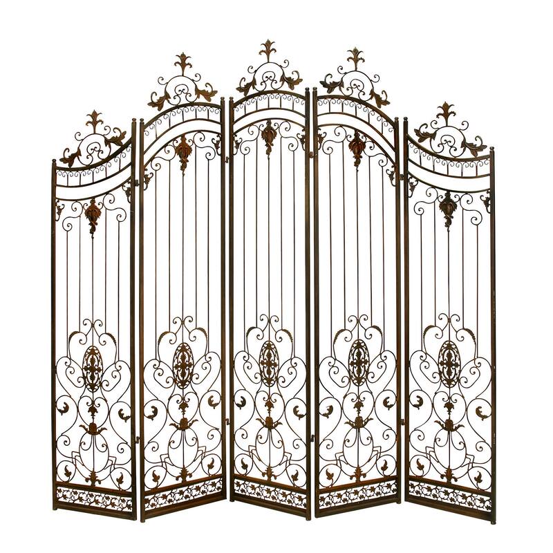 Metal Hinged Foldable Arched Partition 5 Panel Room Divider Screen with Relief Acanthus Design - Bronze - Roche River Decor - Bronze