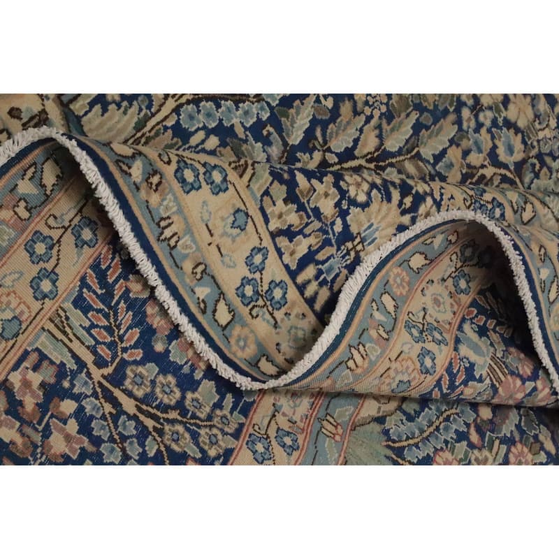 Hand Knotted Oriental 100% Wool Carpet Traditional All-Over Navy Blue & Blues Kerman Area Rug - 12' 10'' X 9' 9''