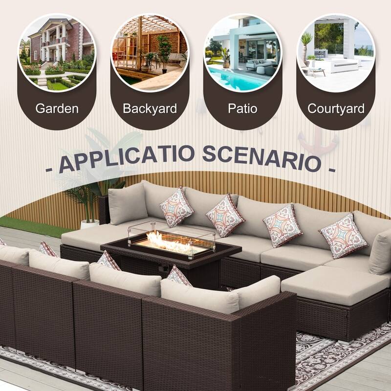 13-Piece Outdoor Wicker Patio Sectional Conversation Set with 43" CSA Fire Pit Table