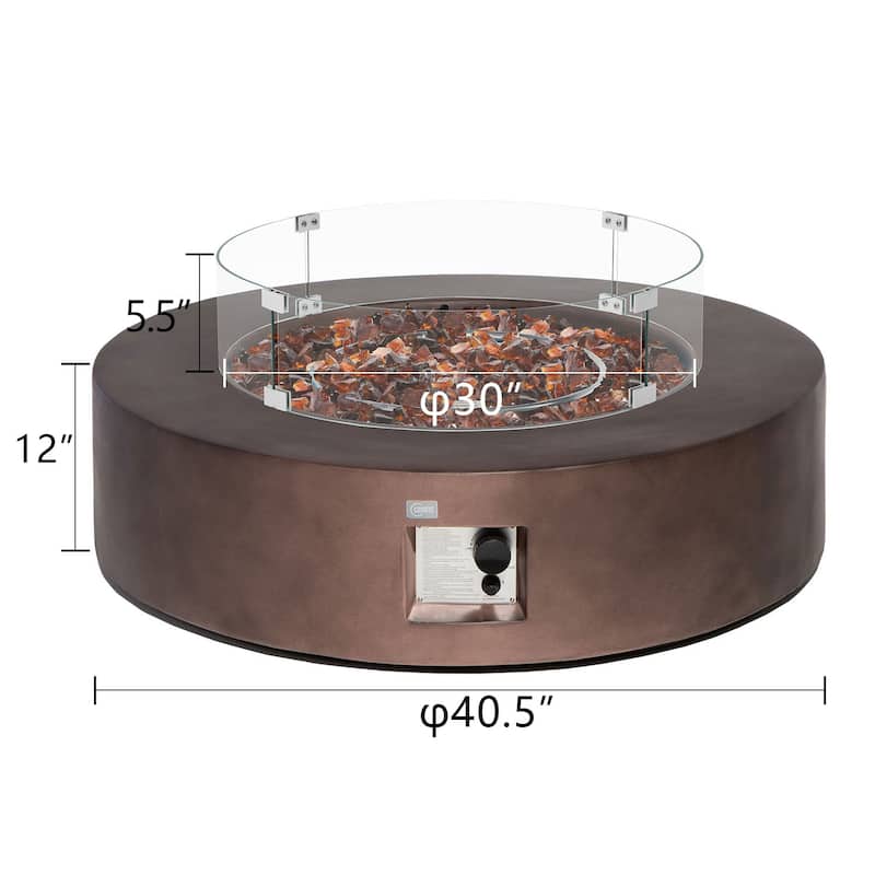 COSIEST 42'' Outdoor Round Propane Fire Pit w Wind Guard and Fire Glass