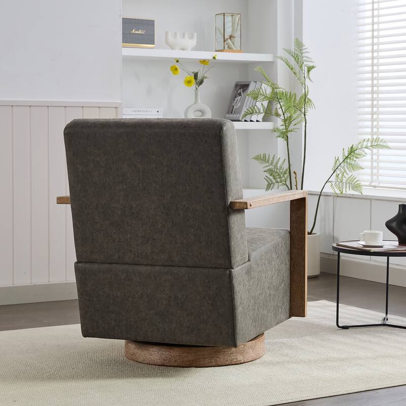 PU Leather Swivel Chair with Wood Armrests
