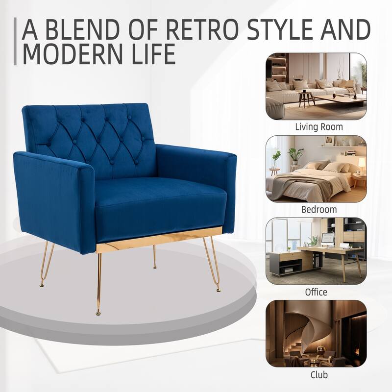 Velvet Upholstered Armchair Single Sofa Modern Tufted Reading Chairs Gold Metal Leg Wingback Chairs for Living Room Bedroom