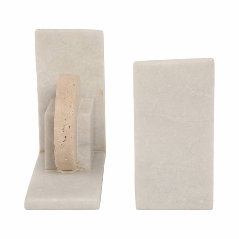 Decorative Geometric Marble Bookends - Set of 2 , 6", White & Tan - 6.0"