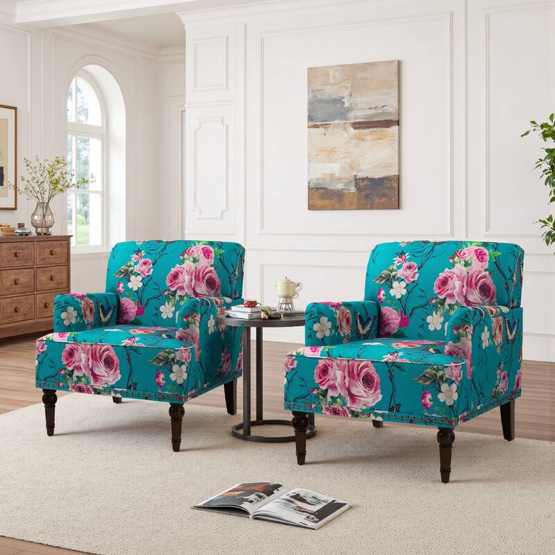 Set 2 Striped Upholstered Linen Armchair with Brass Nailhead Trim