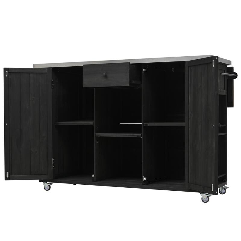 Roomfitters Outdoor Fir Wood Kitchen Island with Stainless Steel Top Towel & Spice Racks Bottle Opener