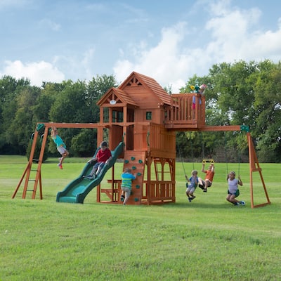 Backyard Discovery Skyfort II Cedar Wood Swing Set, Slide, Clubhouse