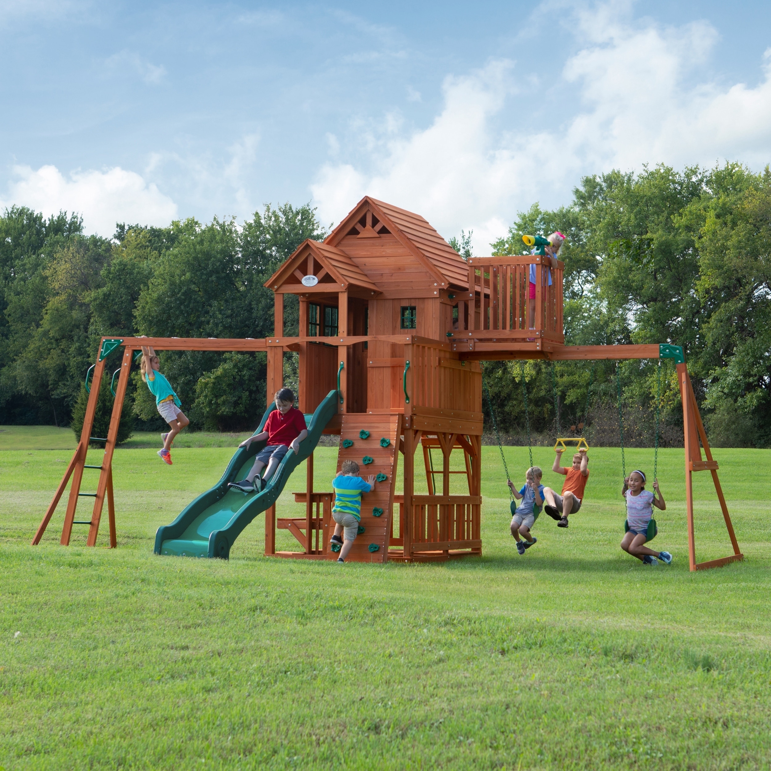 Backyard Discovery Skyfort II Cedar Wood Swing Set, Slide, Clubhouse