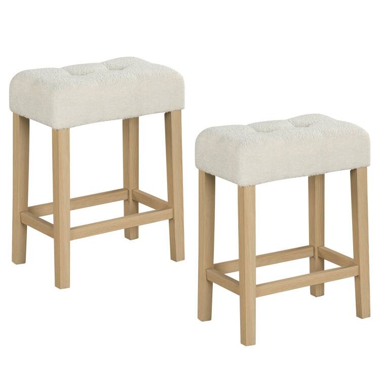 Set of 2 Modern Counter Height Bar Stools with Rubber Wood Legs - 18" x 11" x 24" - Beige-Natural