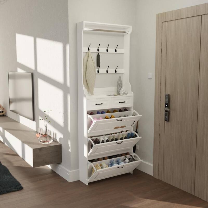 31.5 in.W Shoe Cabinet PVC Door with 3 Doors 2 Drawers with Hanger