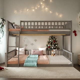 Elegant Full XL over Queen Bunk Bed with Ladder and Guardrails, Gray