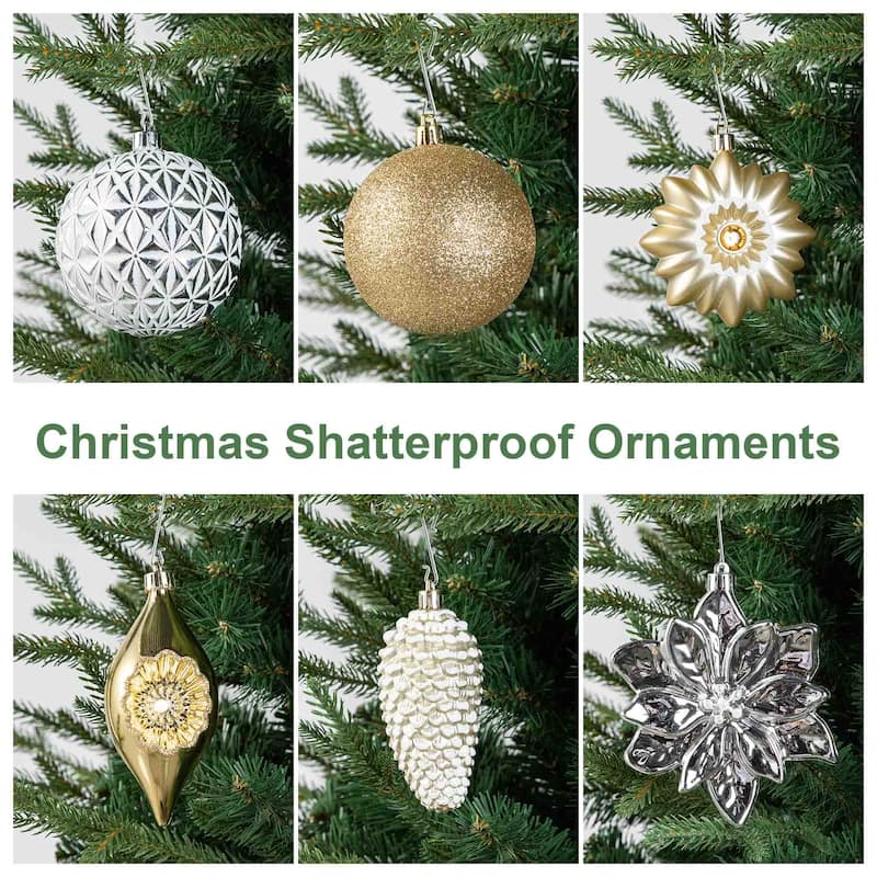 Glitzhome 191-Piece Glitter Ribbon Bow Gold Silver Ball Shatterproof Ornaments Xmas Tree Decor