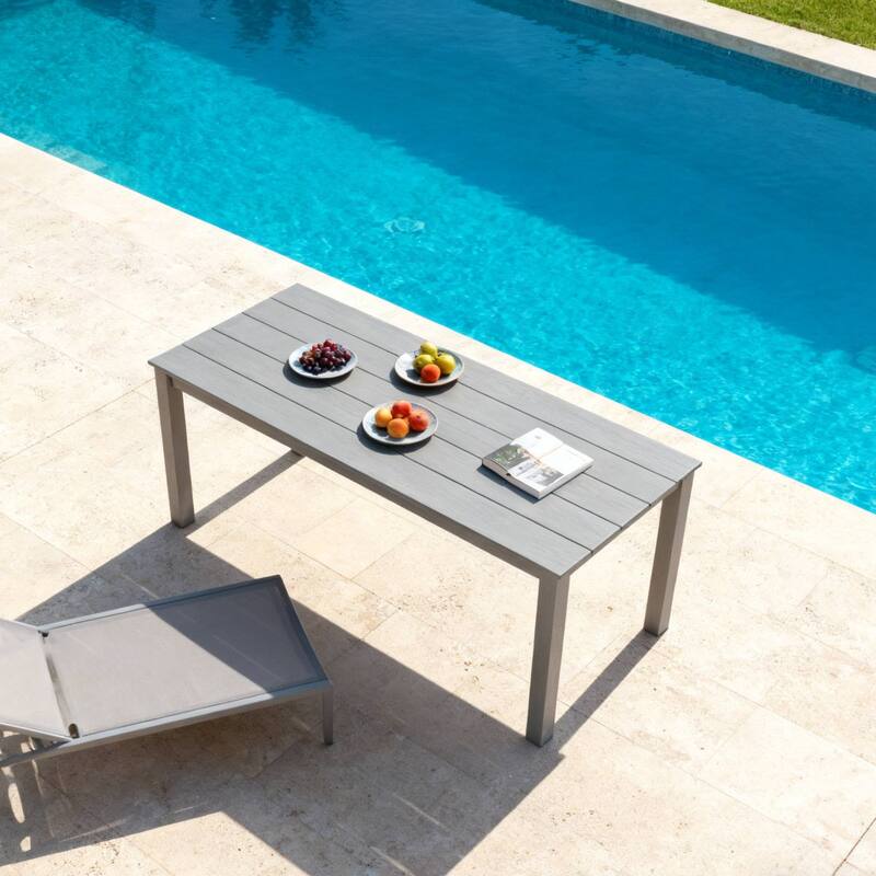 Wood Look Dining Table with Umbrella Hole Stainless Steel Legs Outdoor Picnic