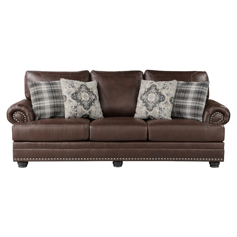Jade 98 Inch Sofa, Rich Brown Microfiber, 4 Pillows, Soft Cushions, Wood