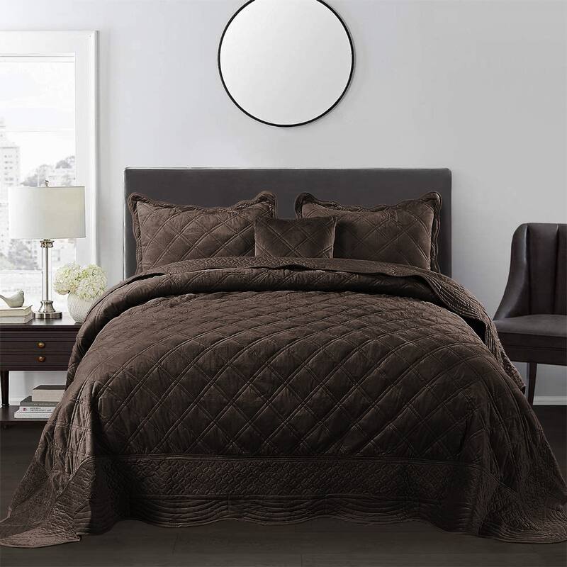 Serenta Supersoft Microplush Quilted 4 Pieces Bedspread Coverlet Set - chocolate - Queen