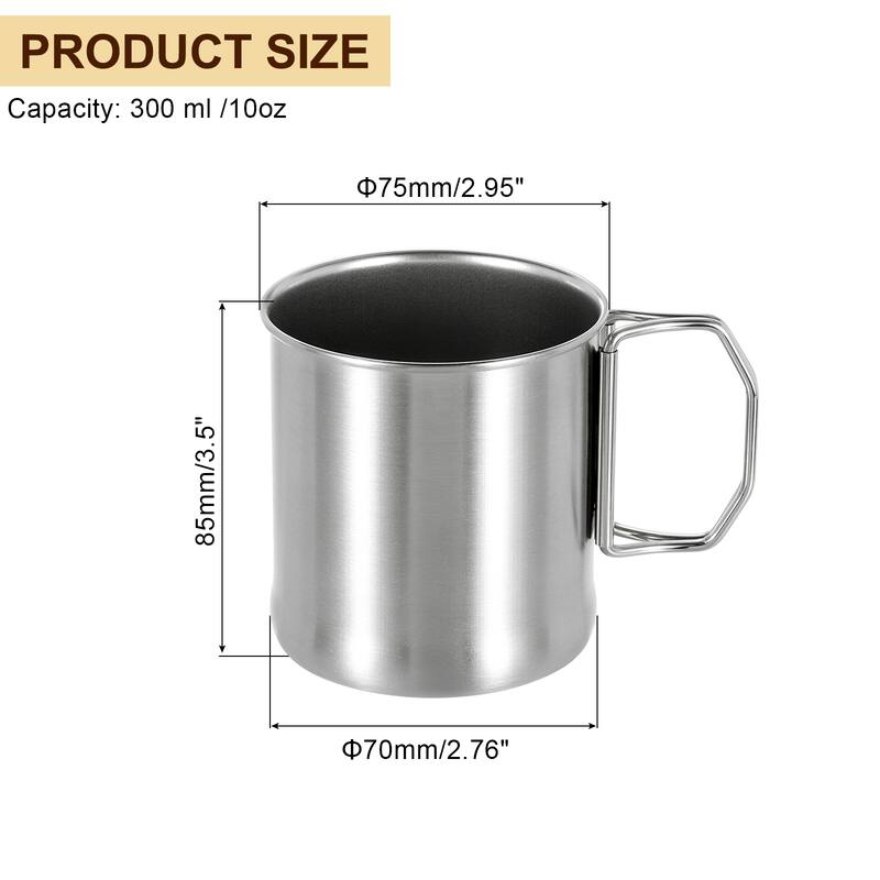304 Stainless Steel Cups with Foldable Handle, 10oz Metal Water Glasses Cup - Silver - Silver