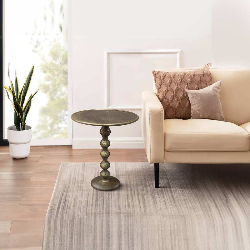 Shae 22 Inch Round Side End Table - Antique Brass Cast Aluminum with Hammered Texture For Small Places