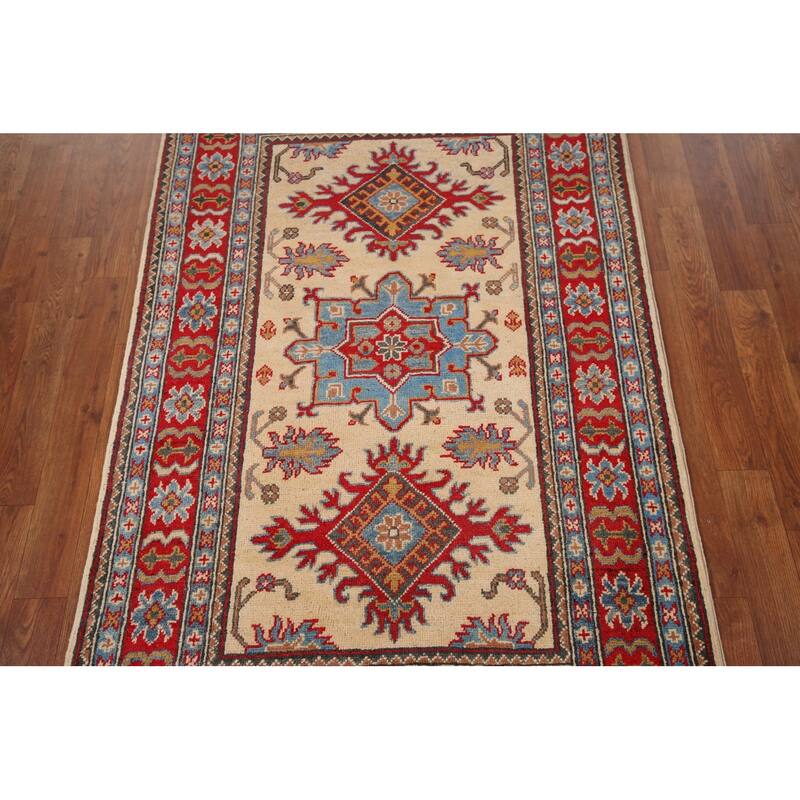 Traditional Kazak Oriental Foyer Rug Handmade Beige Wool Carpet - 3'3" x 4'11"
