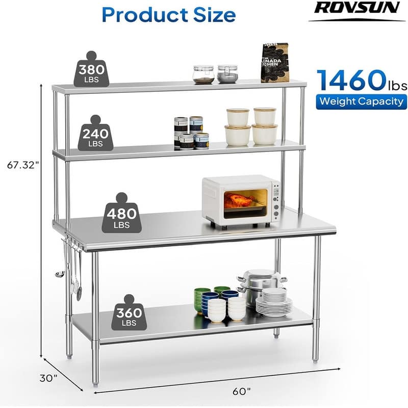 60 X 30 In. Stainless Steel Table With Overshelves And Detachable Hooks - N/A