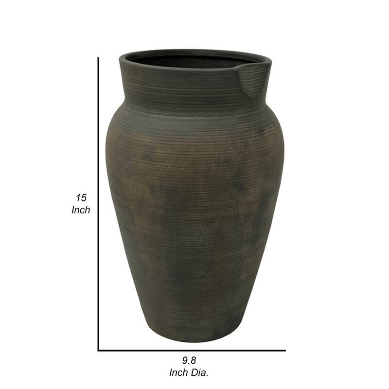 Leyn 15 Inch Antique Flower Vase, Urn Shaped Home Decor Piece, Gray Ceramic