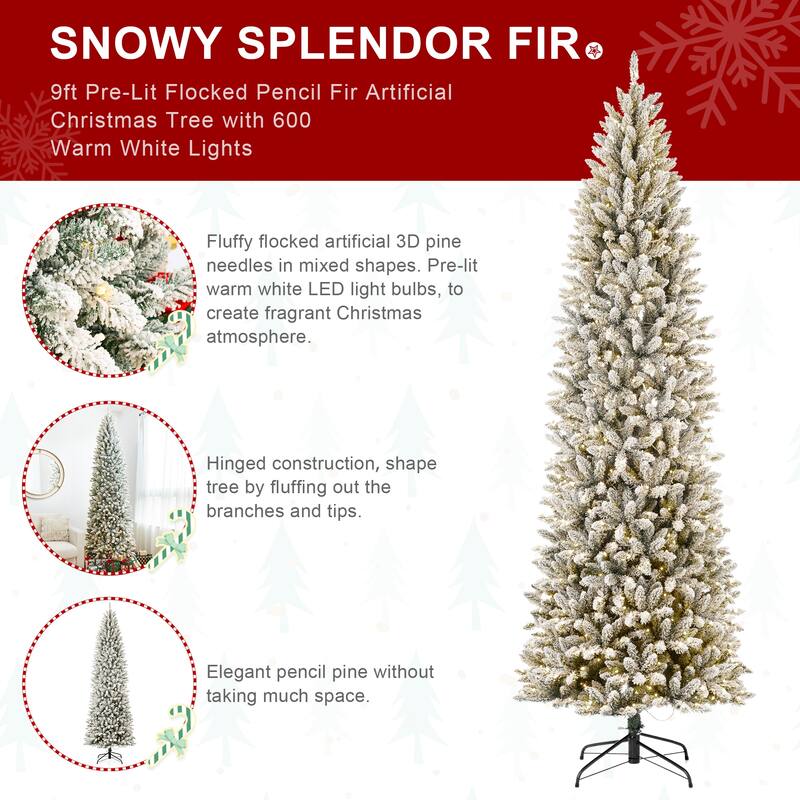 Glitzhome 6FT/7.5FT/9FT/11FT Snow Flocked Pre-lit Artificial Fir Christmas Trees