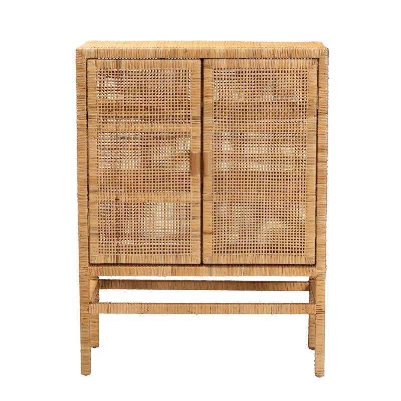 Vivan Modern Bohemian Natural Brown Rattan and Mahogany Wood 3-Shelf Storage Cabinet